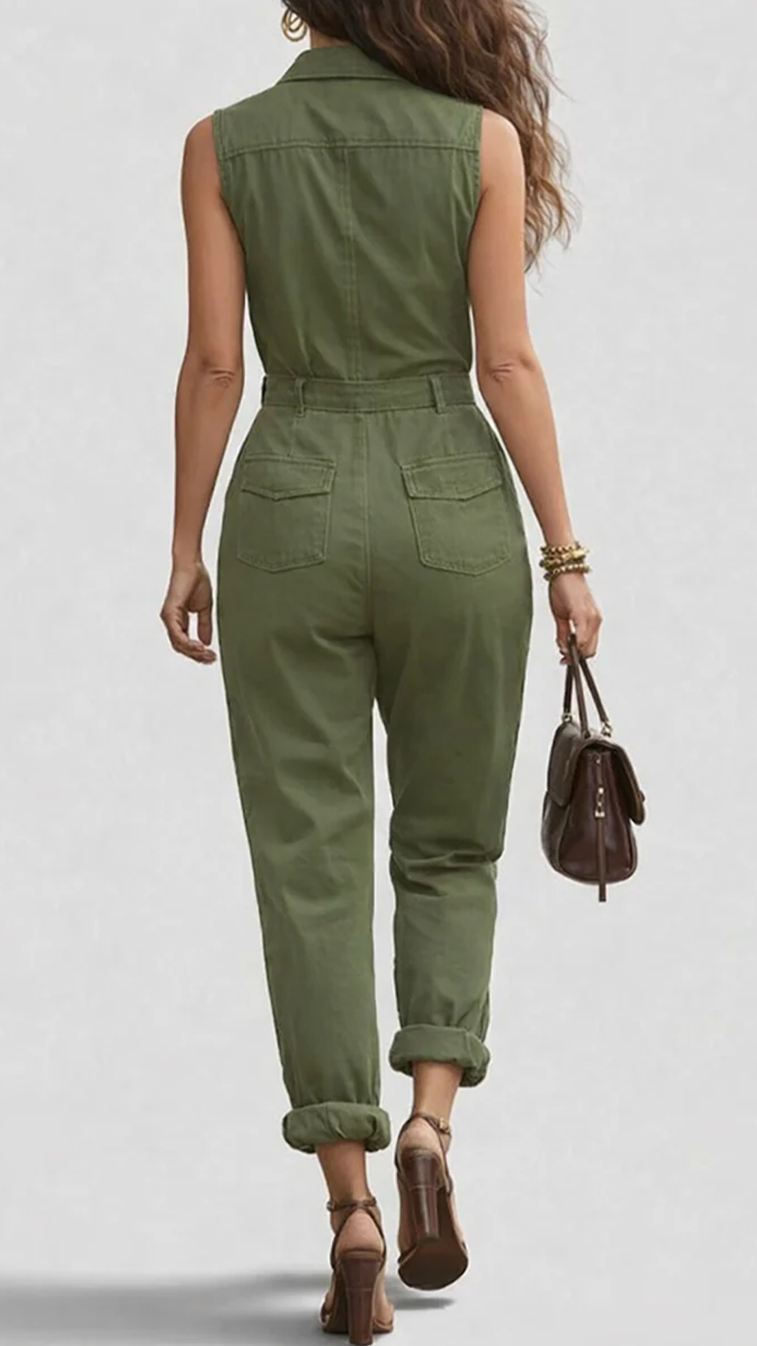 Fashionable And Casual Zippered Sleeveless Cotton Jumpsuit
