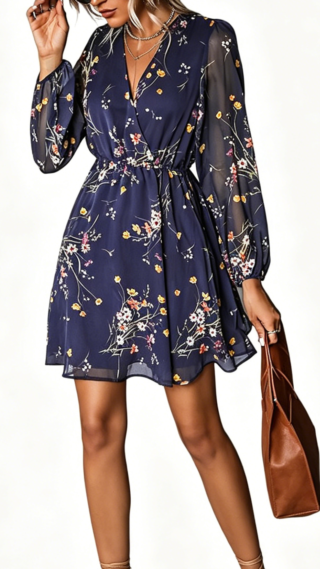 Women's Floral V-Neck Long-Sleeve Mini Dress