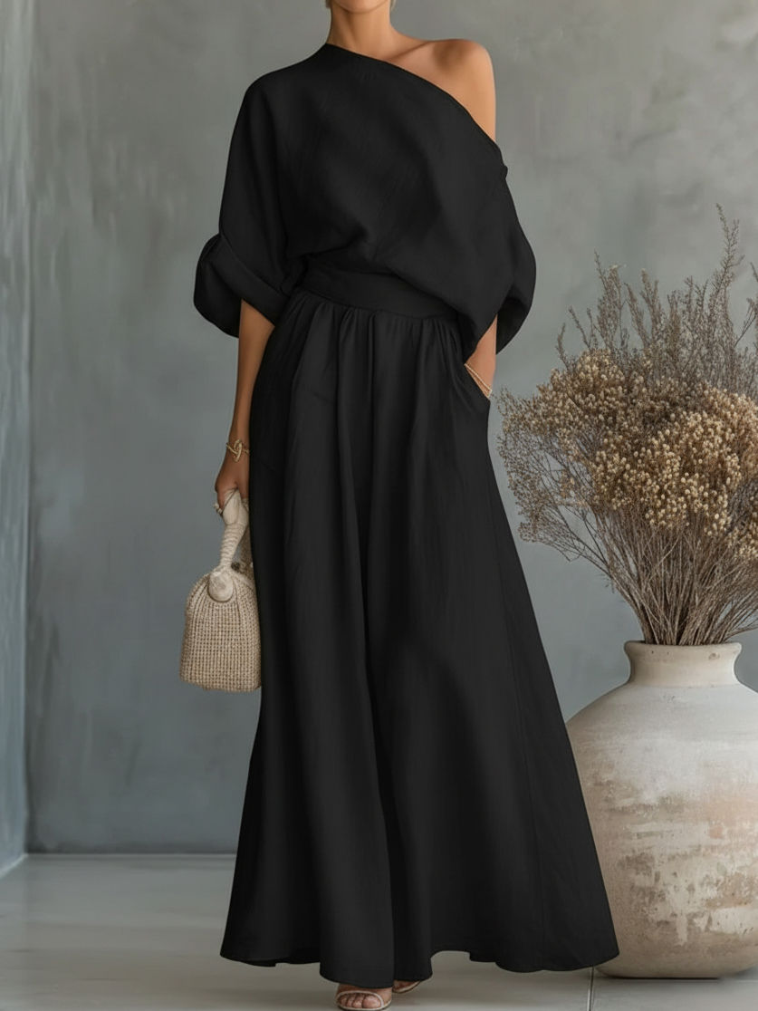 Women's Elegant Off-Shoulder Shirt and Wide-Leg Pants Two-Piece Set