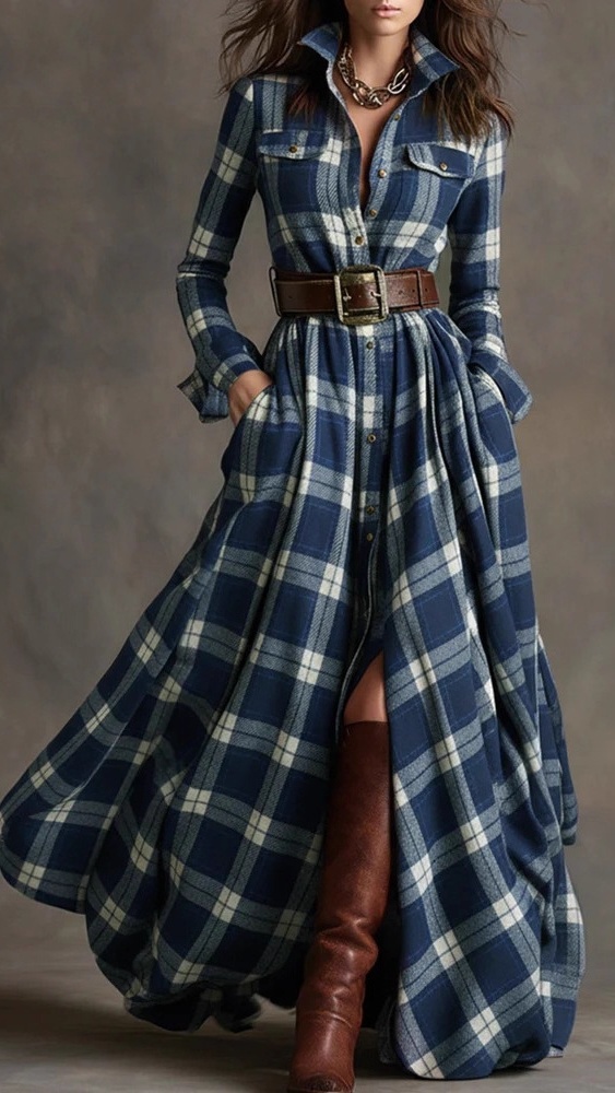 Women's Vintage Plaid Long Dress with Lapel Collar+Belt