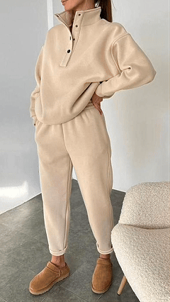 Half-Placket Stand Collar Fleece Loose Sweatshirt & Sweatpants Set