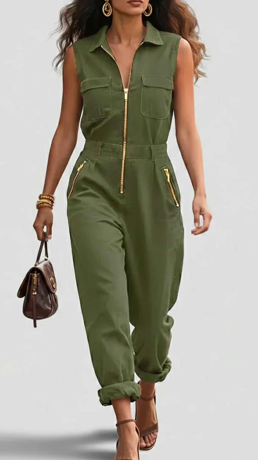 Fashionable And Casual Zippered Sleeveless Cotton Jumpsuit