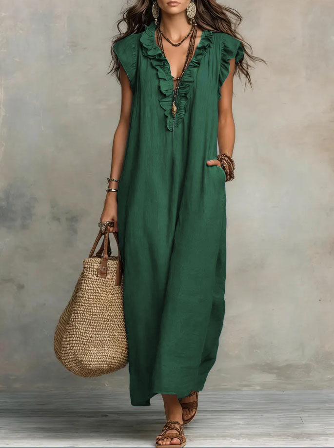 [Copy]"Effortless Chic" Style V-Neck Button-Front Cotton-Linen Maxi Dress — Sleeveless Tank Dress