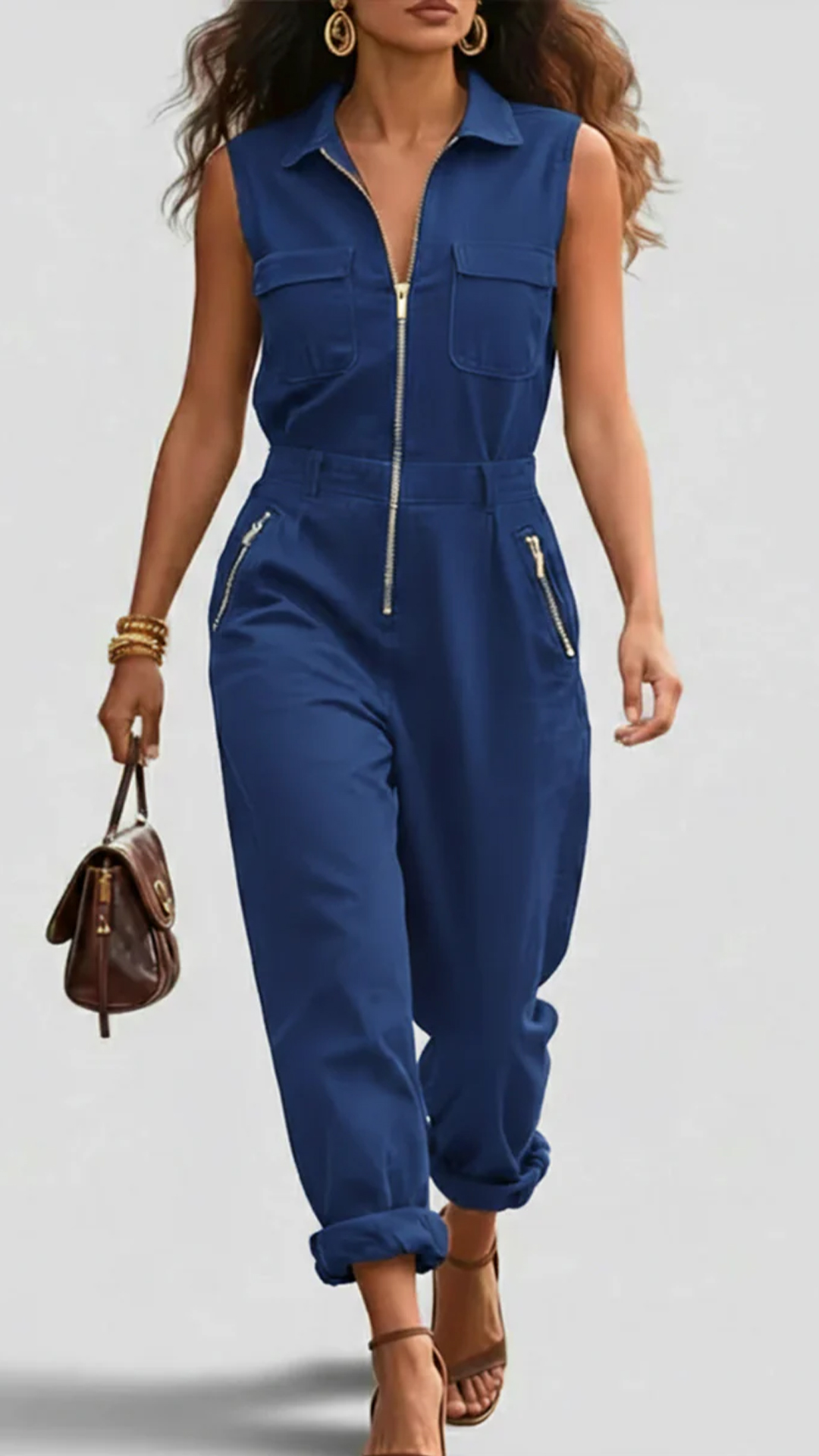 Fashionable And Casual Zippered Sleeveless Cotton Jumpsuit