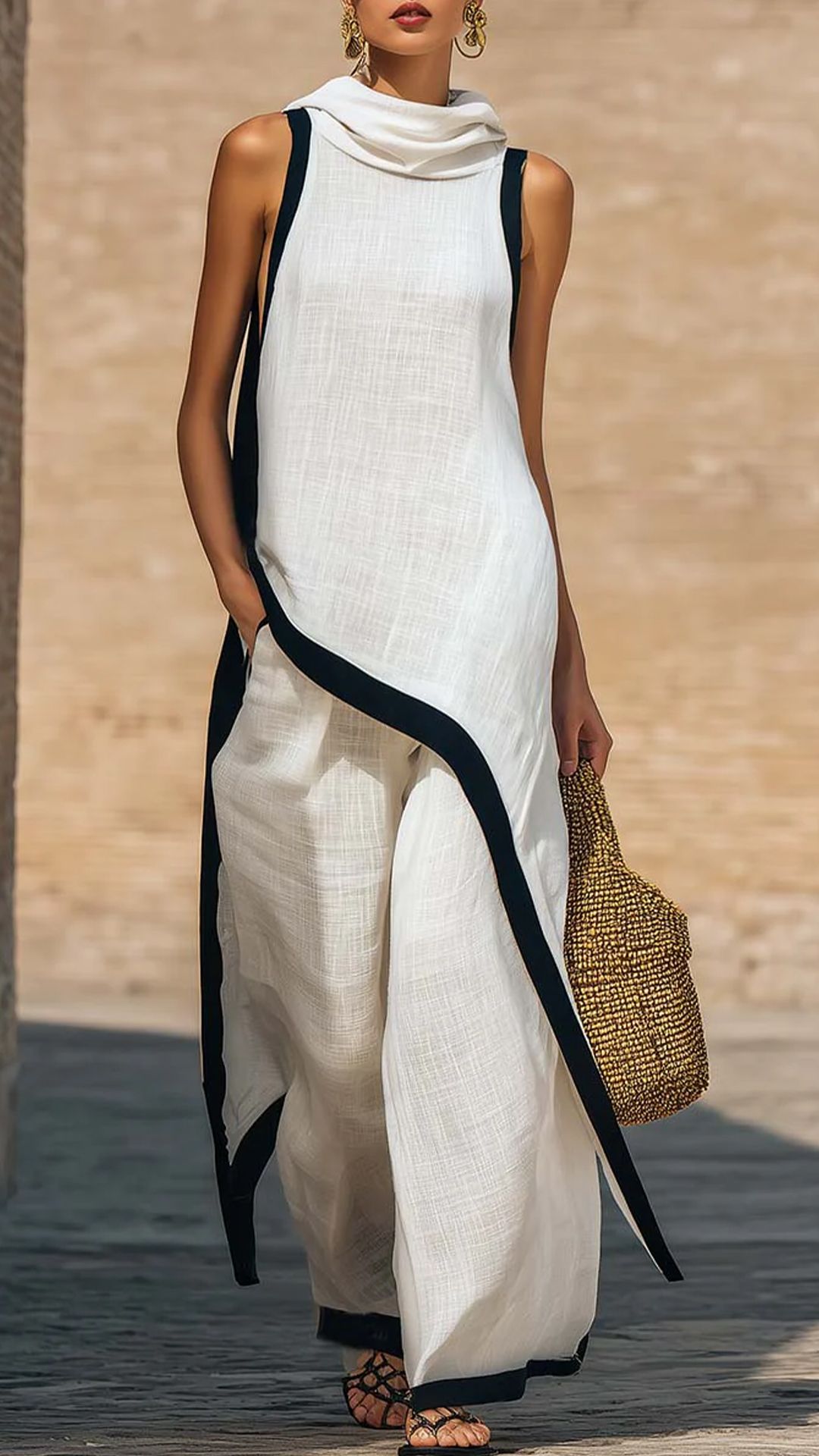 Artistic Cut Trim Elegant Linen Cotton Two-piece Set