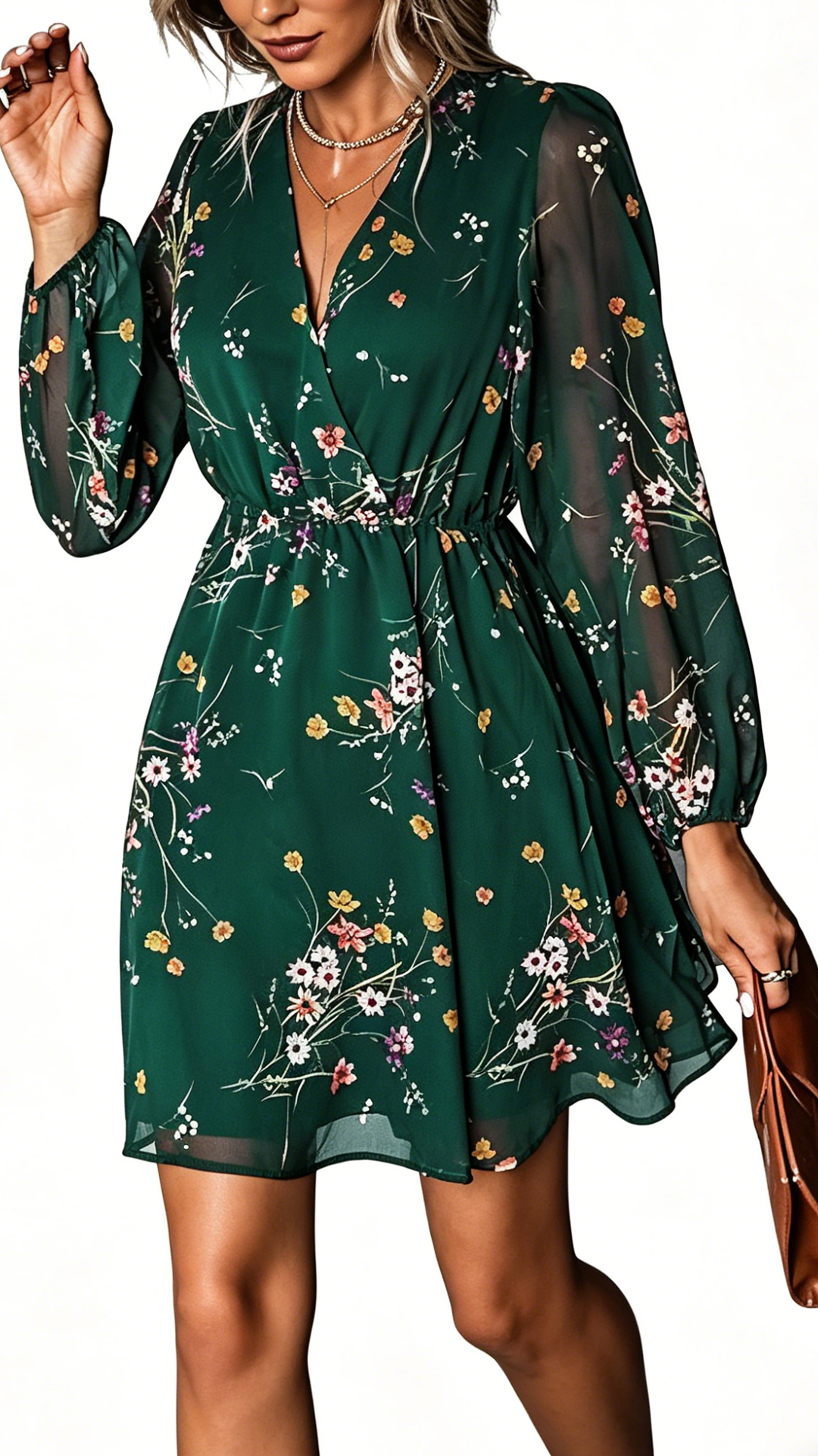 Women's Floral V-Neck Long-Sleeve Mini Dress