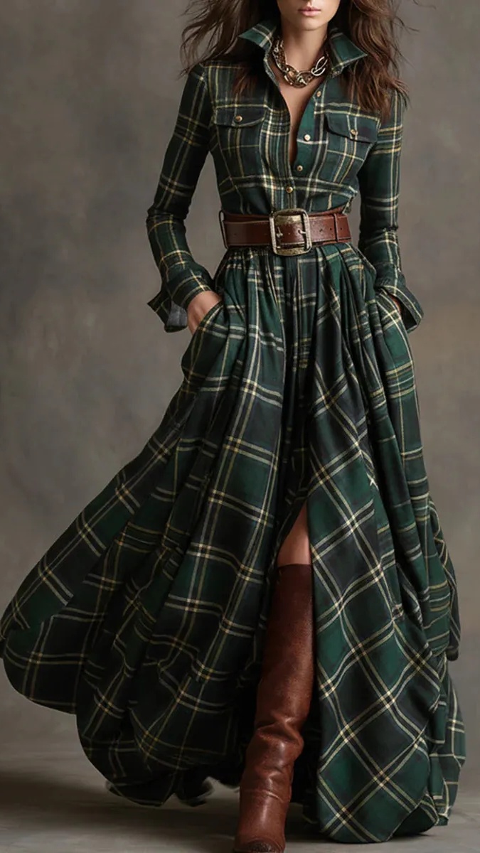 Women's Vintage Plaid Long Dress with Lapel Collar+Belt