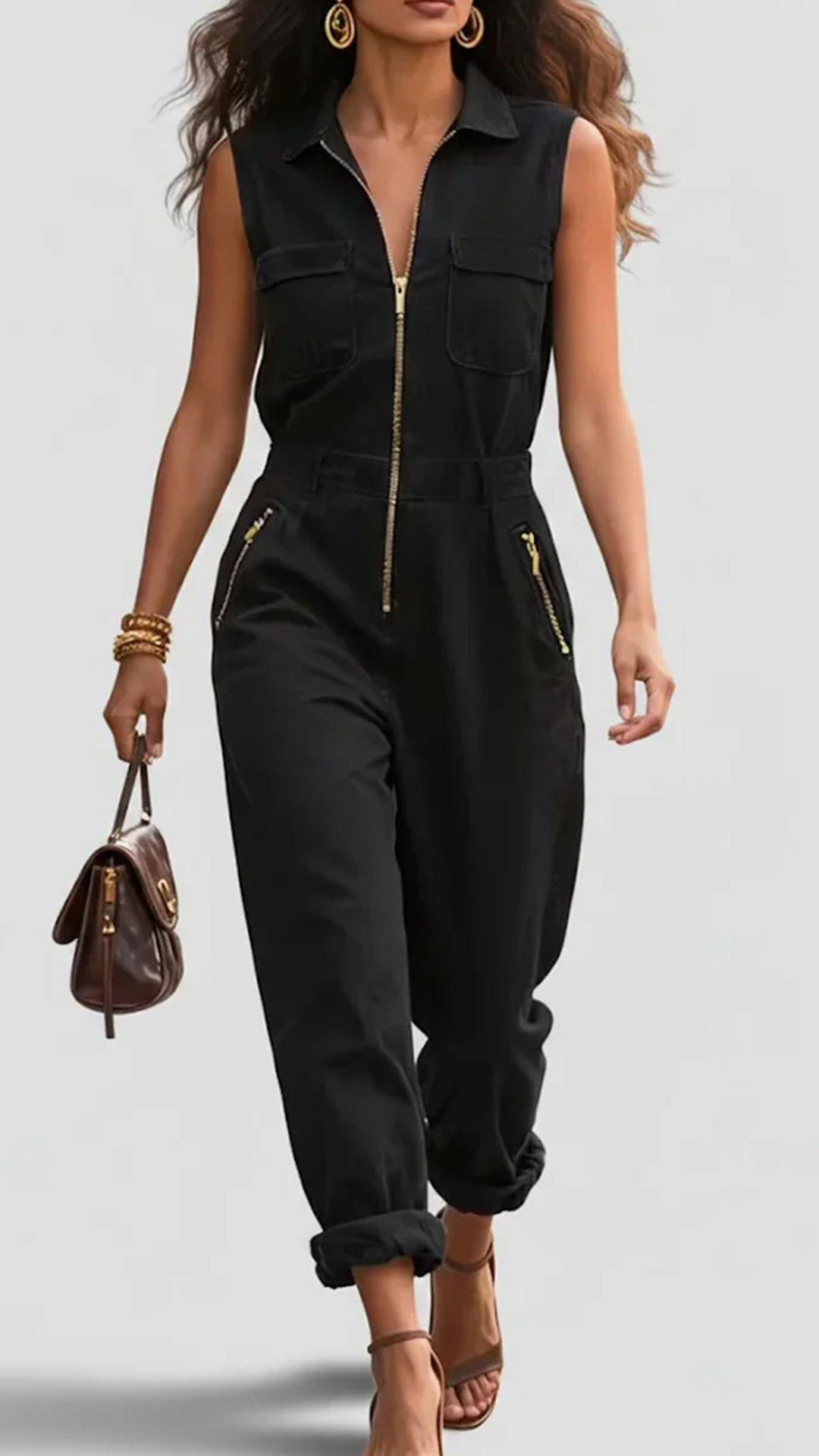 Fashionable And Casual Zippered Sleeveless Cotton Jumpsuit
