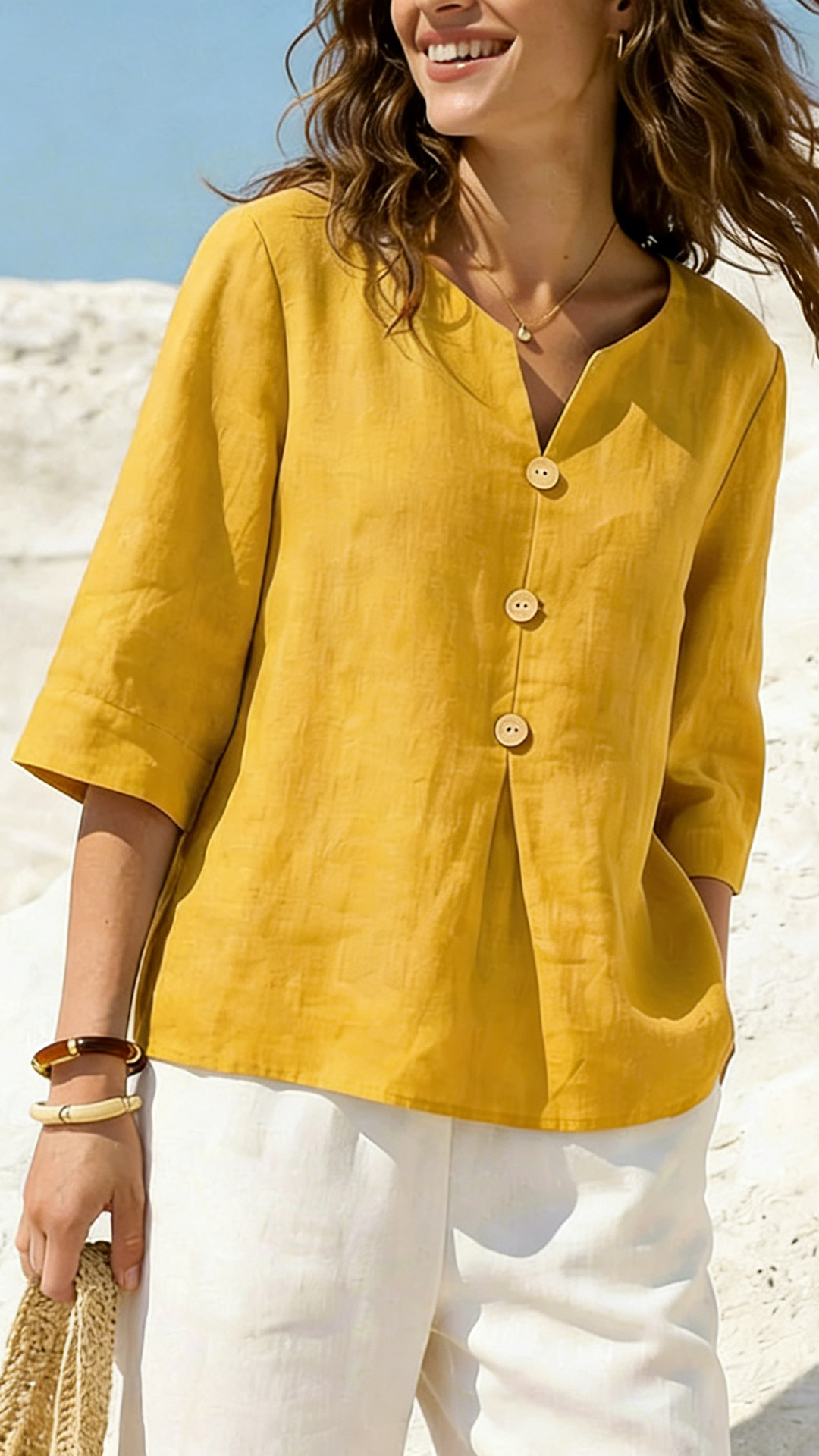 Women's Solid Color V-neck 3/4 Sleeve Casual Loose Cotton Linen Top