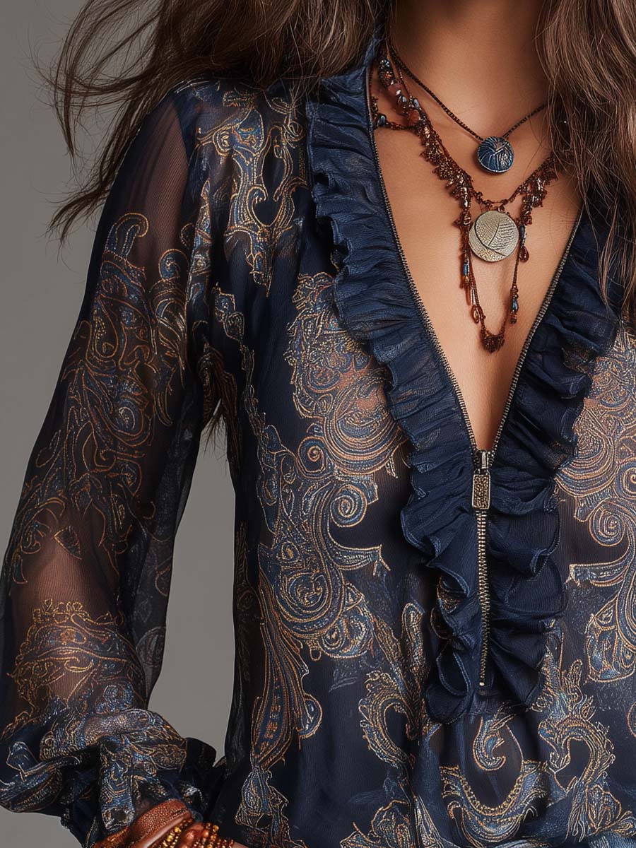 Women's Baroque Paisley Ruffled Zip-Front Chiffon Blouse