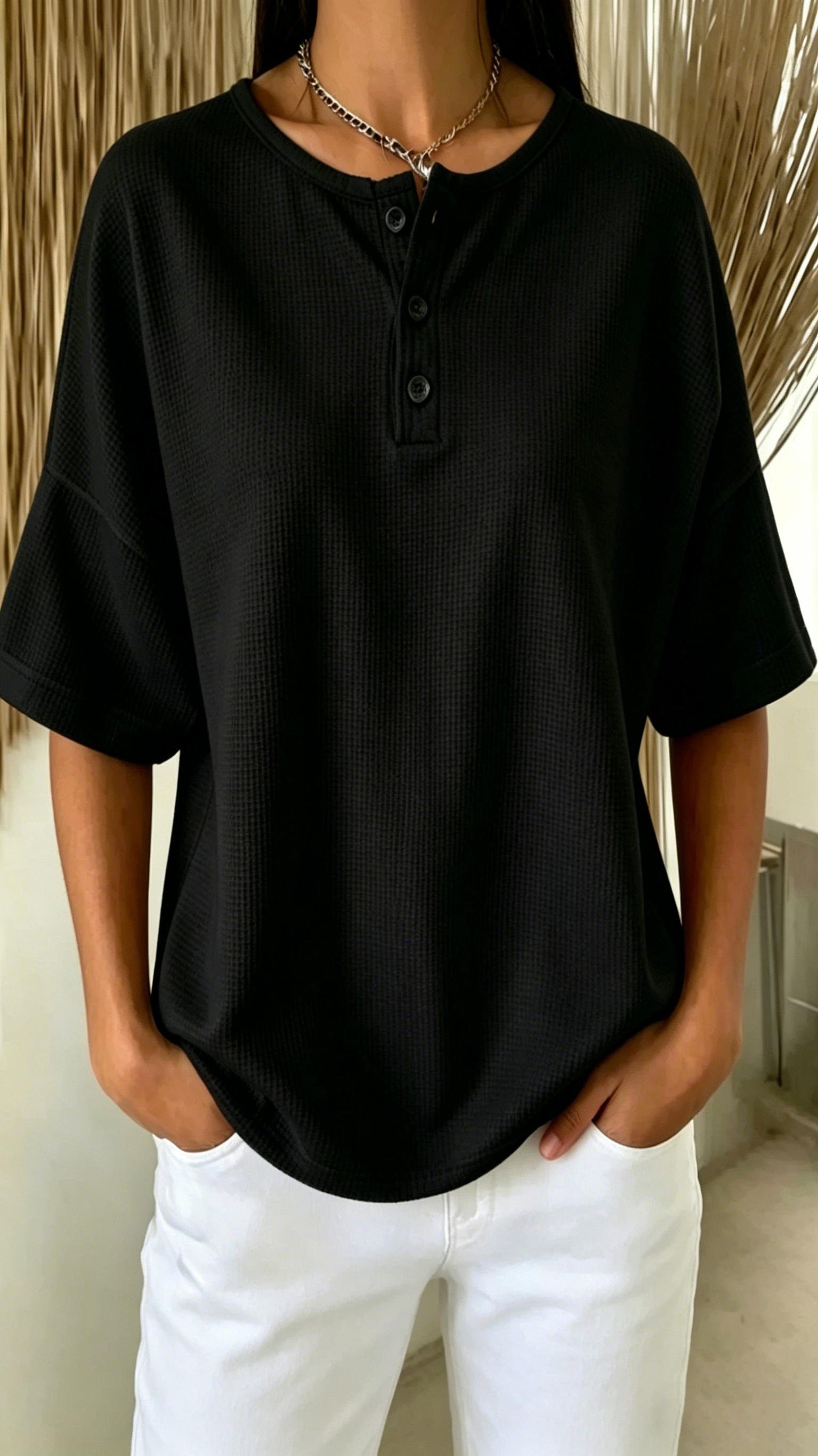 Women's Solid-Color Waffle-Knit Top with Round Neck and Front Placket