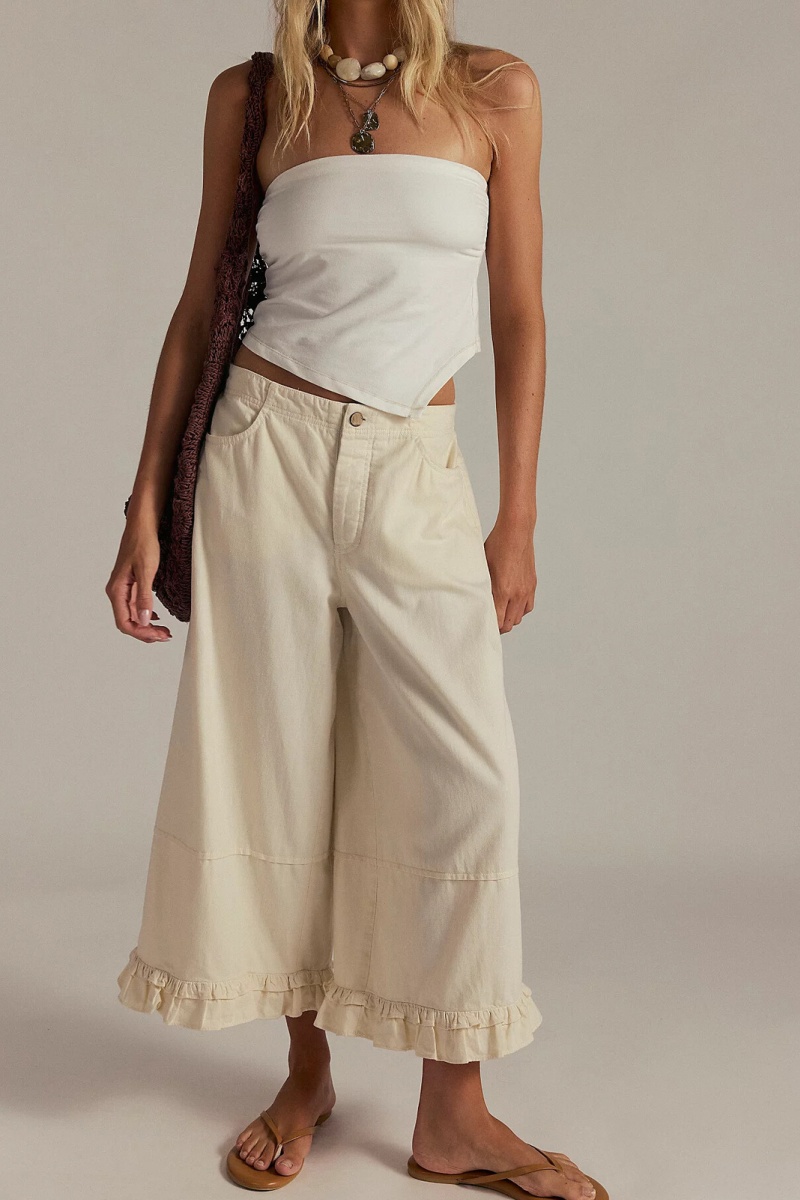 Women's fashionable casual wide-leg cropped jeans with ruffled hem