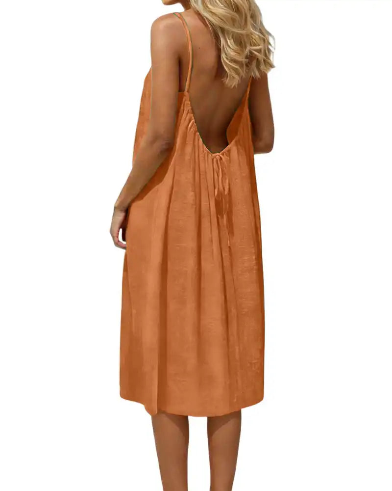 Women's Solid-Color Backless Spaghetti-Strap Knee-Length Dress