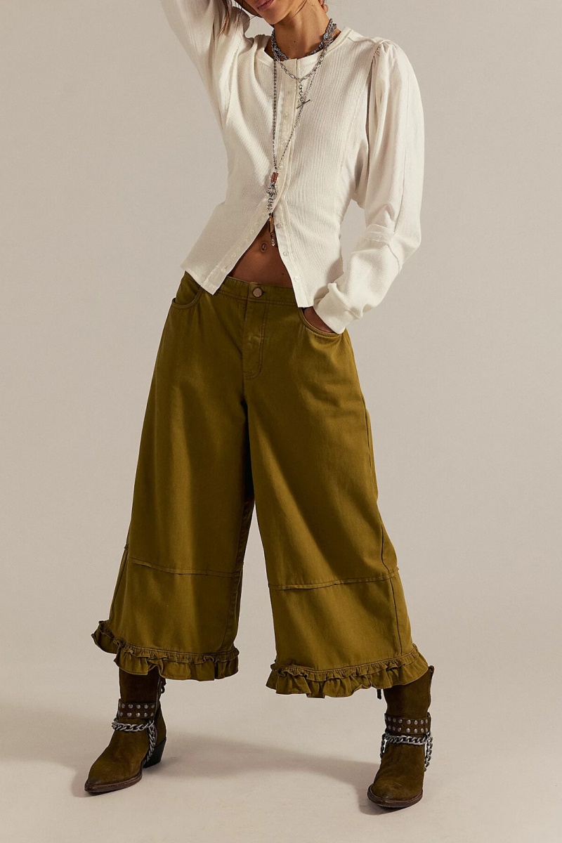 Women's fashionable casual wide-leg cropped jeans with ruffled hem