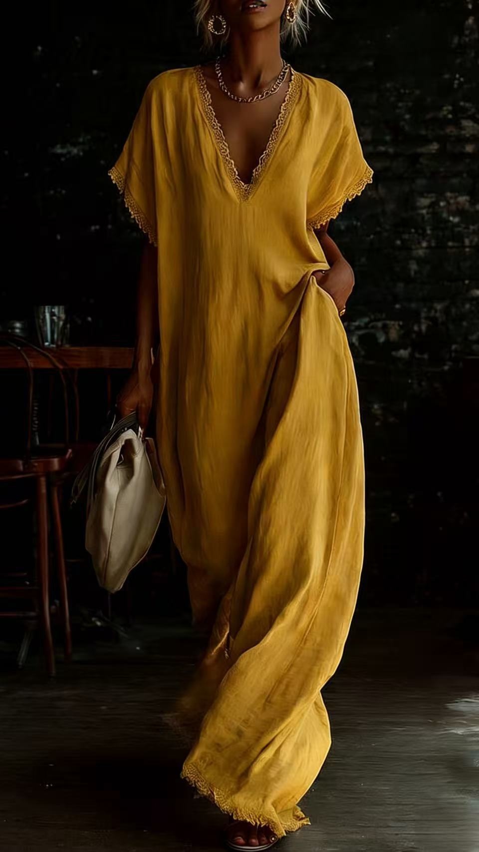 Women's Lace-Trimmed V-Neck Loose-Fit Dress