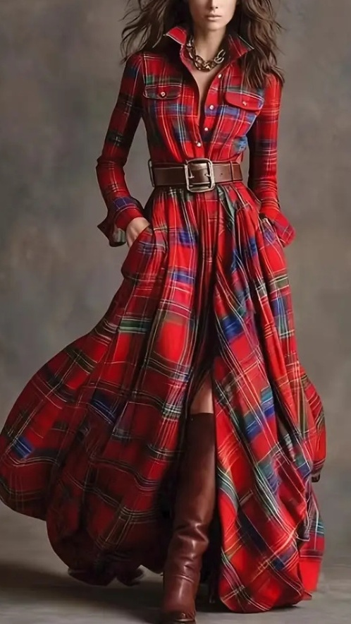 Women's Vintage Plaid Long Dress with Lapel Collar+Belt