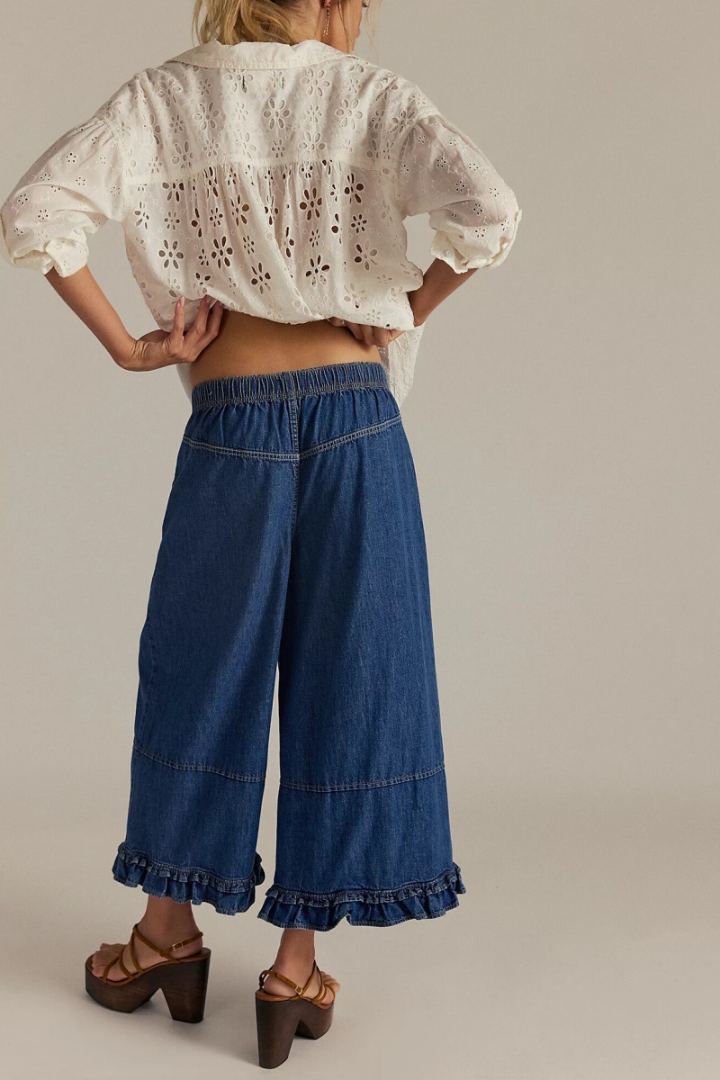Women's fashionable casual wide-leg cropped jeans with ruffled hem