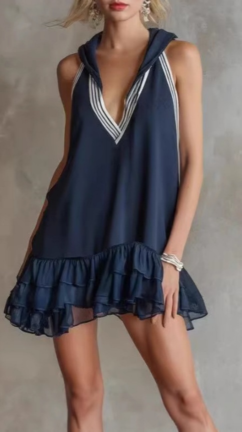 Women's Elegant, Sporty-Style Dark Blue Cotton Sleeveless Hooded Mini Dress