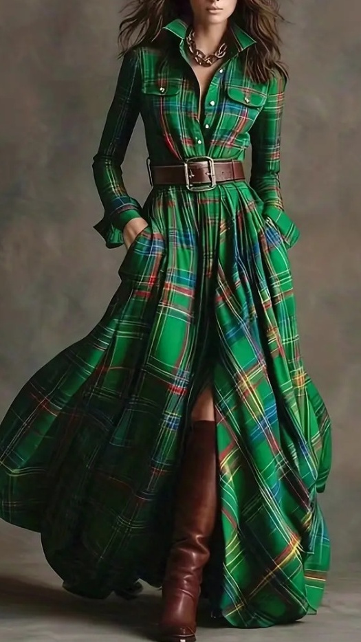 Women's Vintage Plaid Long Dress with Lapel Collar+Belt
