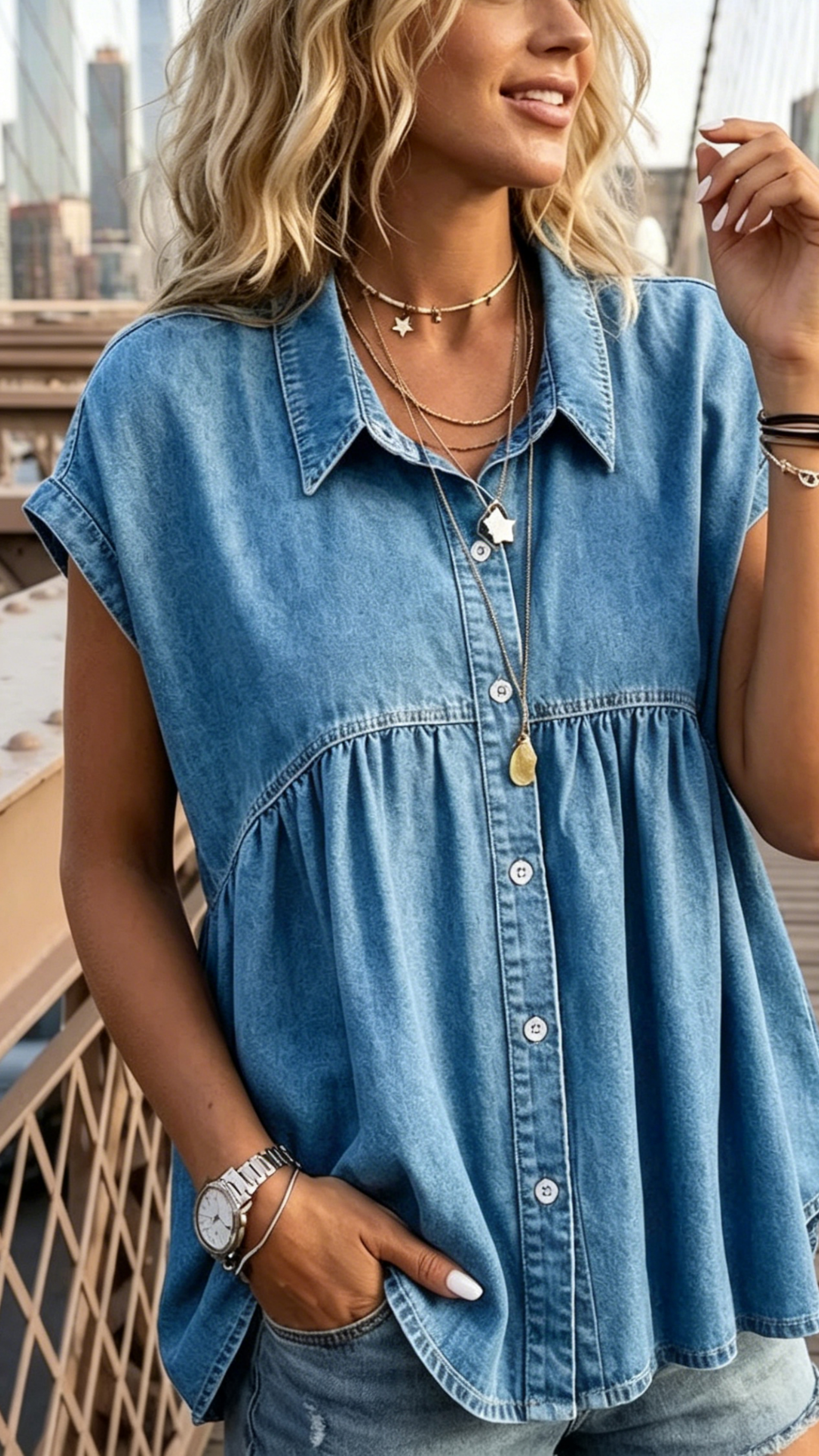 Women's Stylish, Comfortable, and Casual Faux-Denim Top for Commuting