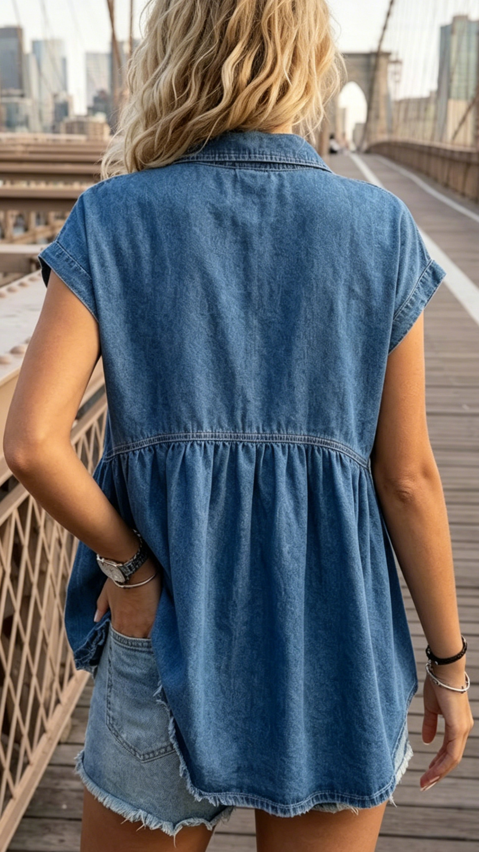 Women's Stylish, Comfortable, and Casual Faux-Denim Top for Commuting