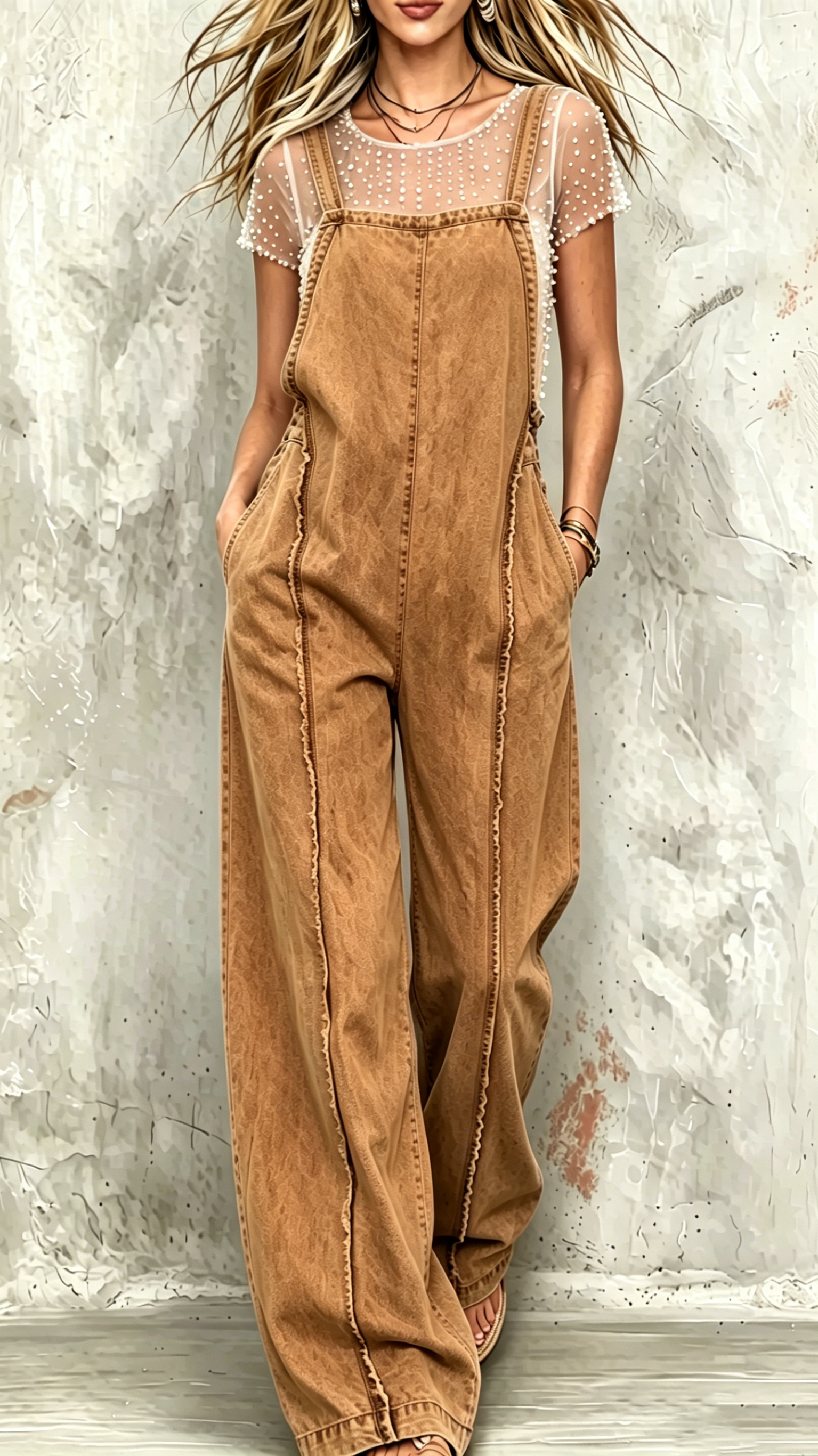 Women's Loose-Fit Overalls: Retro Washed Denim Wide-Leg Jumpsuit with Frayed Hem