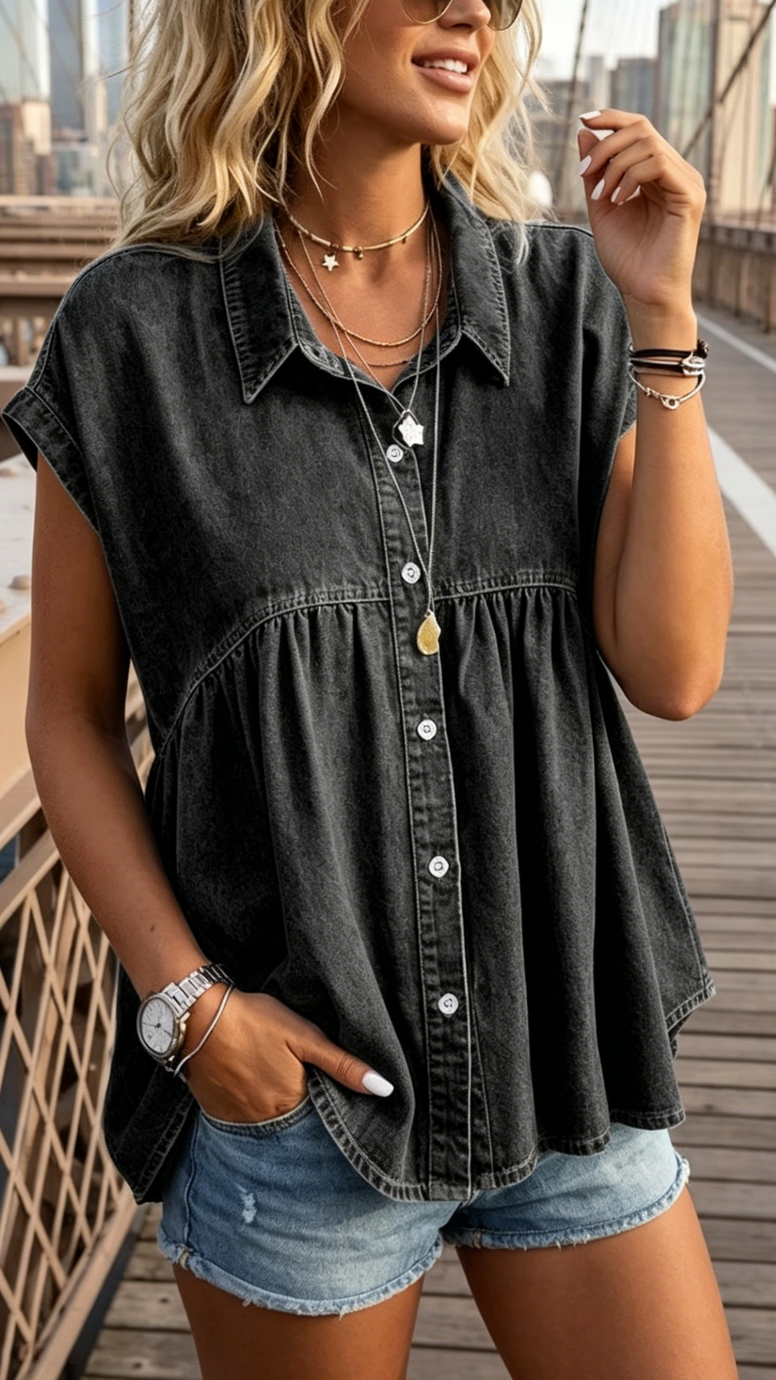 Women's Stylish, Comfortable, and Casual Faux-Denim Top for Commuting