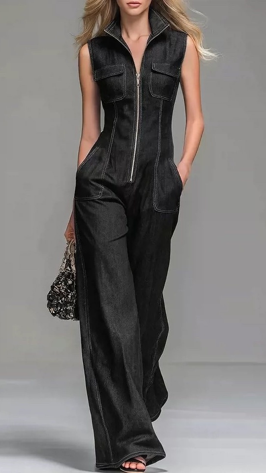 Women's Faux-Denim Retro Stand-Collar Sleeveless Zip-Front Jumpsuit