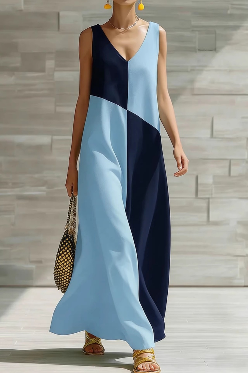 Women's Color-Block Casual V-Neck Dress