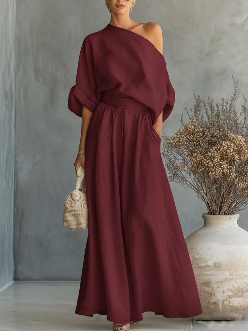 Women's Elegant Off-Shoulder Shirt and Wide-Leg Pants Two-Piece Set