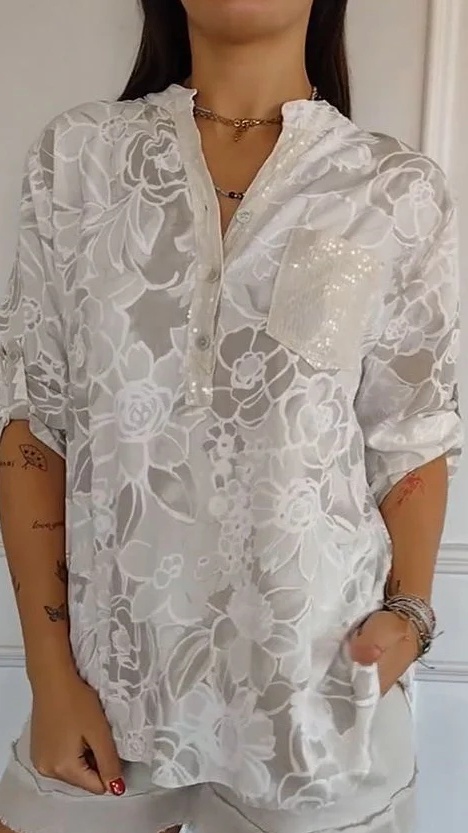 Women's Casual Printed Shirt with Patch Pockets and Sequins