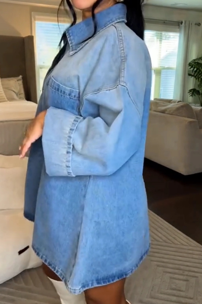 Women's denim dress with half-zip closure, lapel collar design, and vintage washed blue color