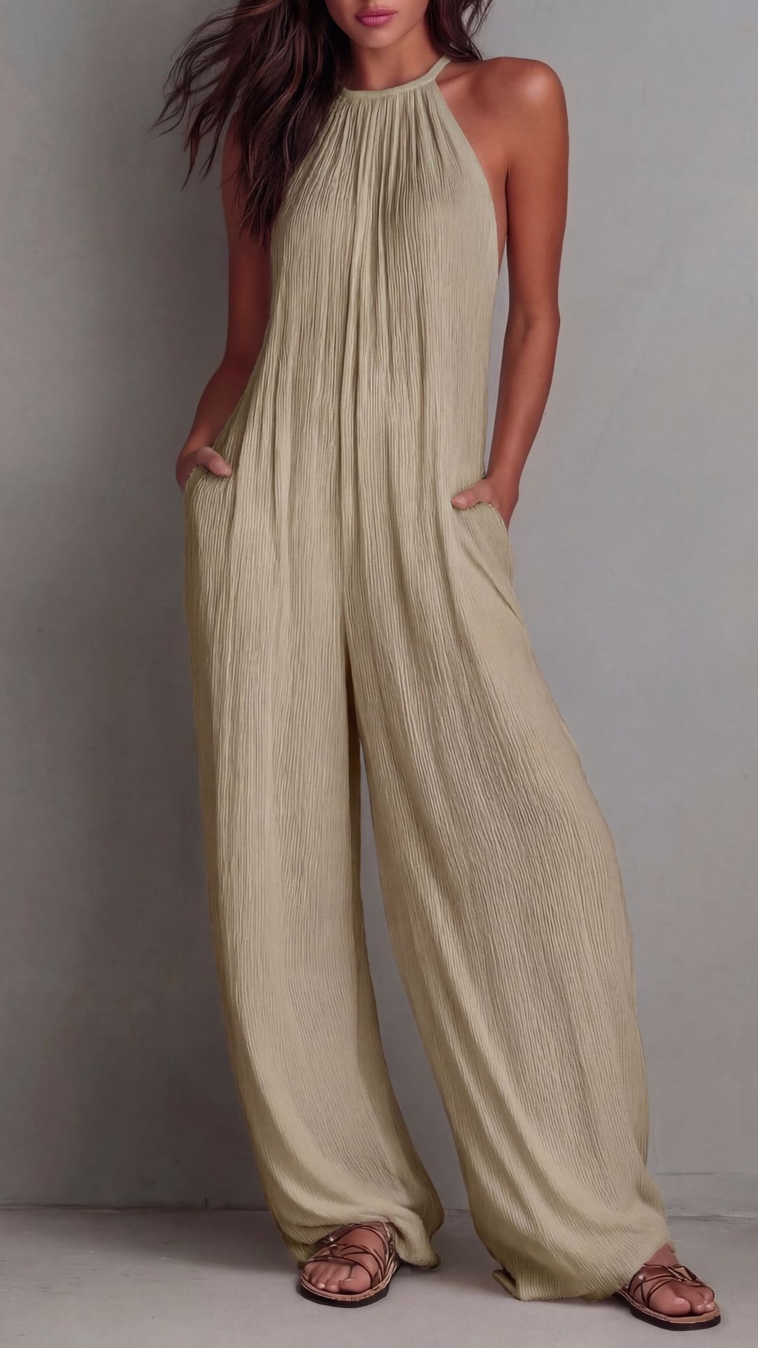 Women Minimalist Halter-neck Loose Cotton-linen Jumpsuit