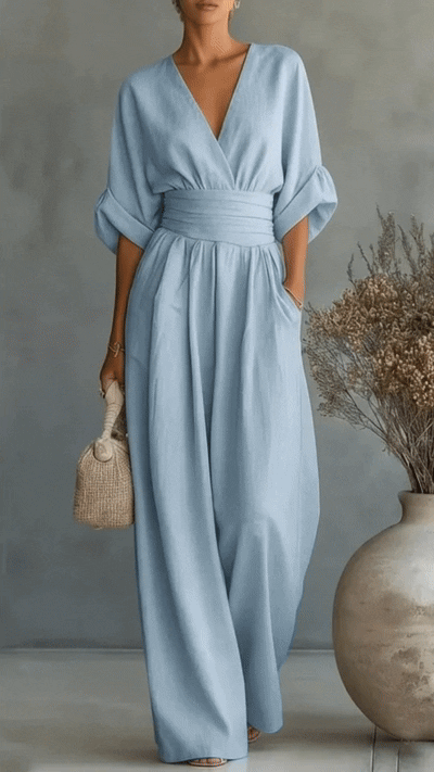 Women's Solid-Color V-Neck Jumpsuit