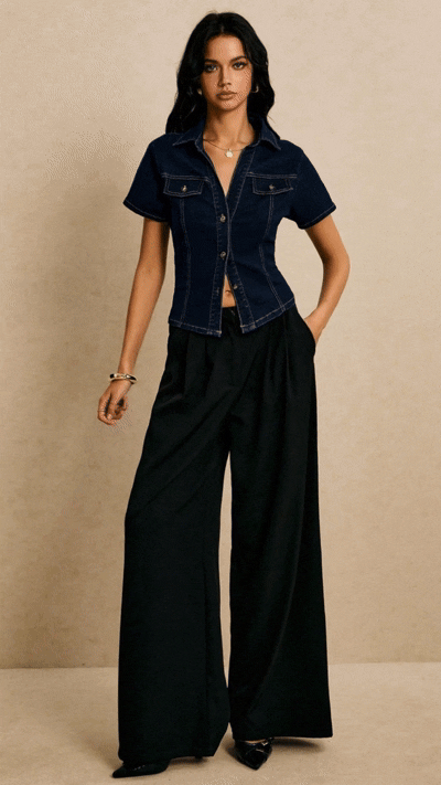Women's Streetwear-Style Workwear-Inspired Slim-Fit Faux-Denim Collared Shirt