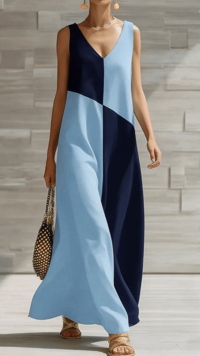 Women's Color-Block Casual V-Neck Dress