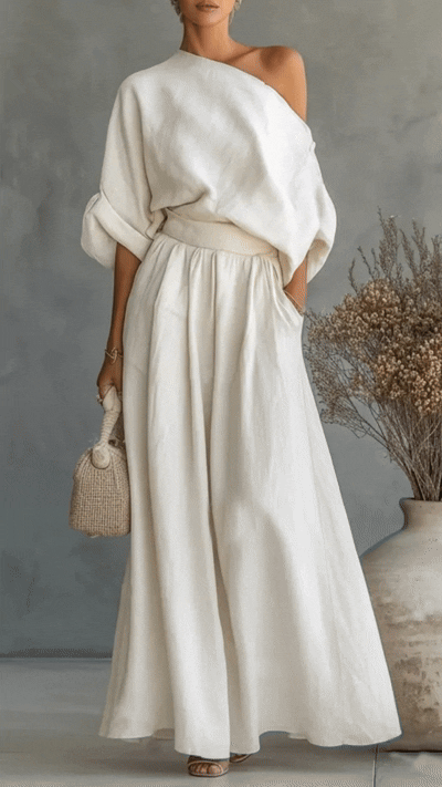 Women's Elegant Off-Shoulder Shirt and Wide-Leg Pants Two-Piece Set