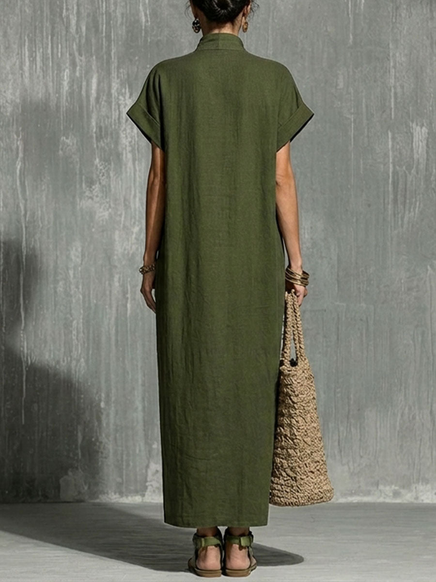 Women's Solid-color V-neck Short-sleeve Casual Loose Cotton-linen Dress