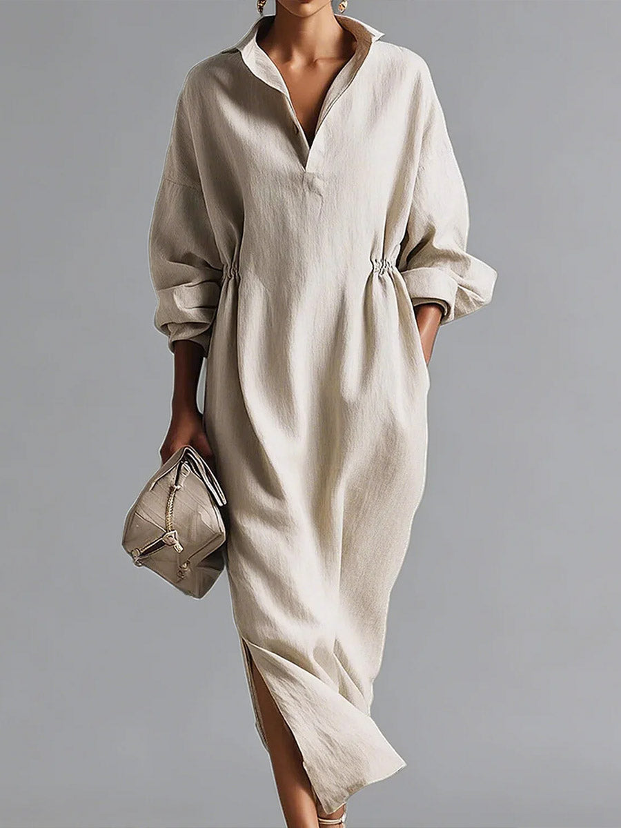 Women's Solid Color Lapel Long-sleeved Casual Loose Cotton Dress
