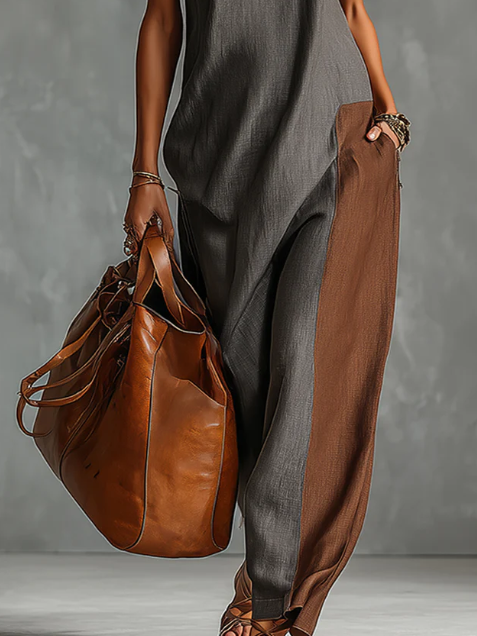 Fashionable Color-blocked Linen-cotton Maxi Dress