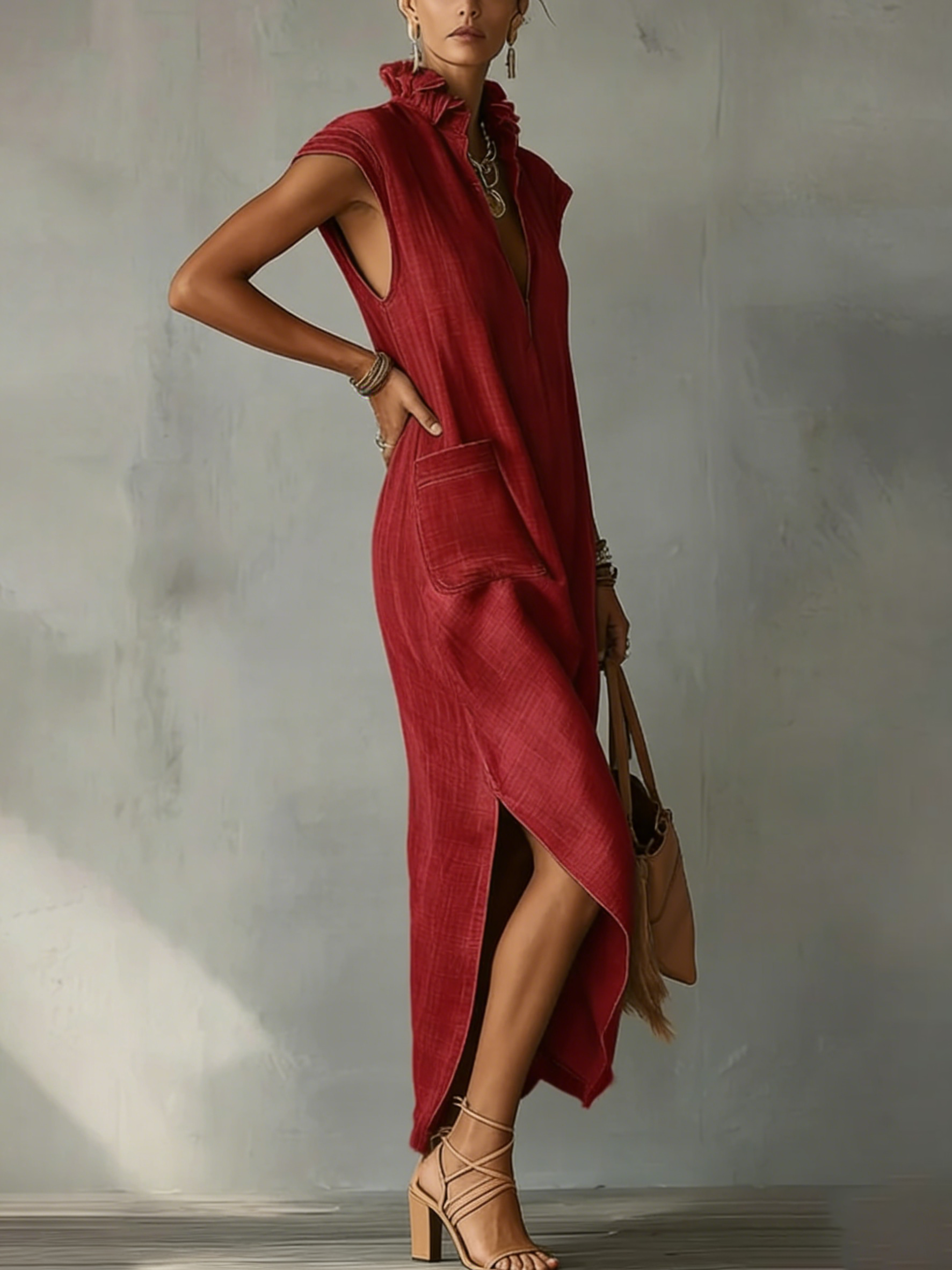 Women’s Ruffle Collar Cotton Linen Midi Dress – Elegant Summer Dress