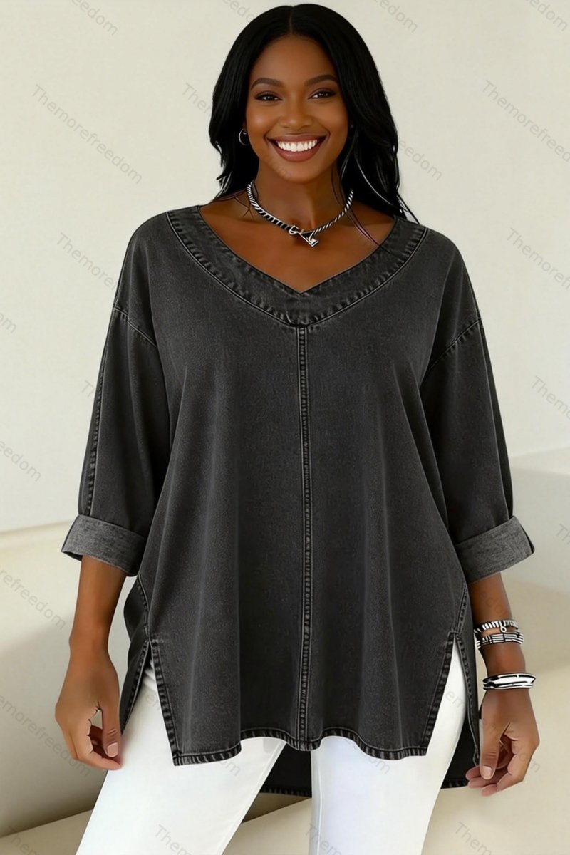 Women's street style denim comfortable casual V-neck top