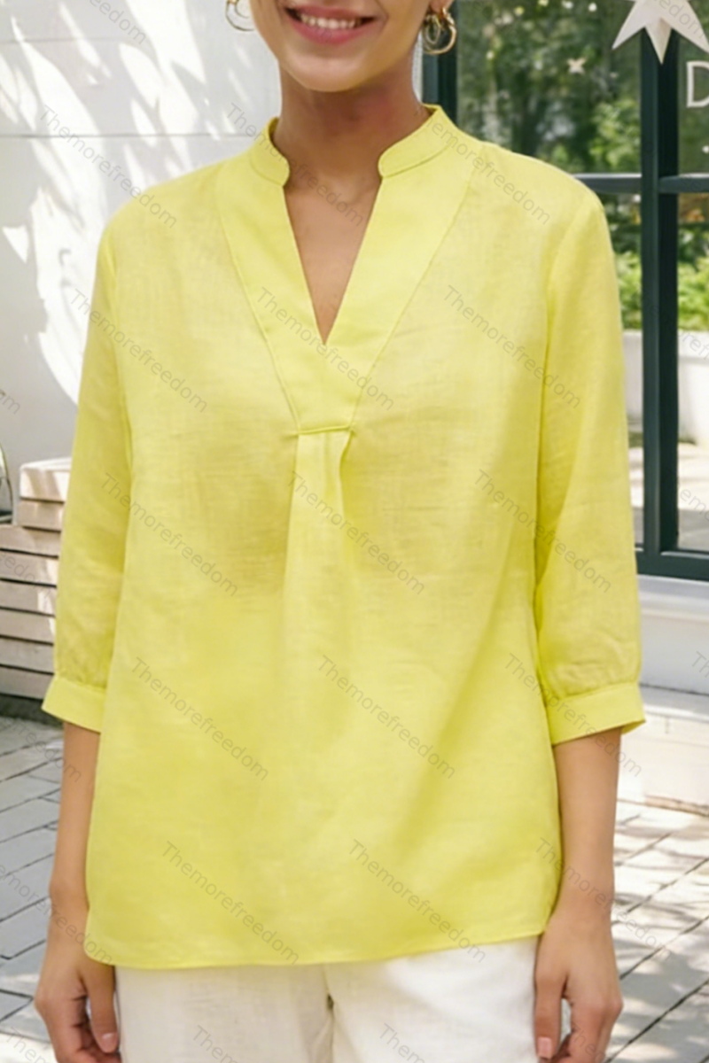 Women's comfortable and casual cotton and linen split-hem V-neck pullover shirt