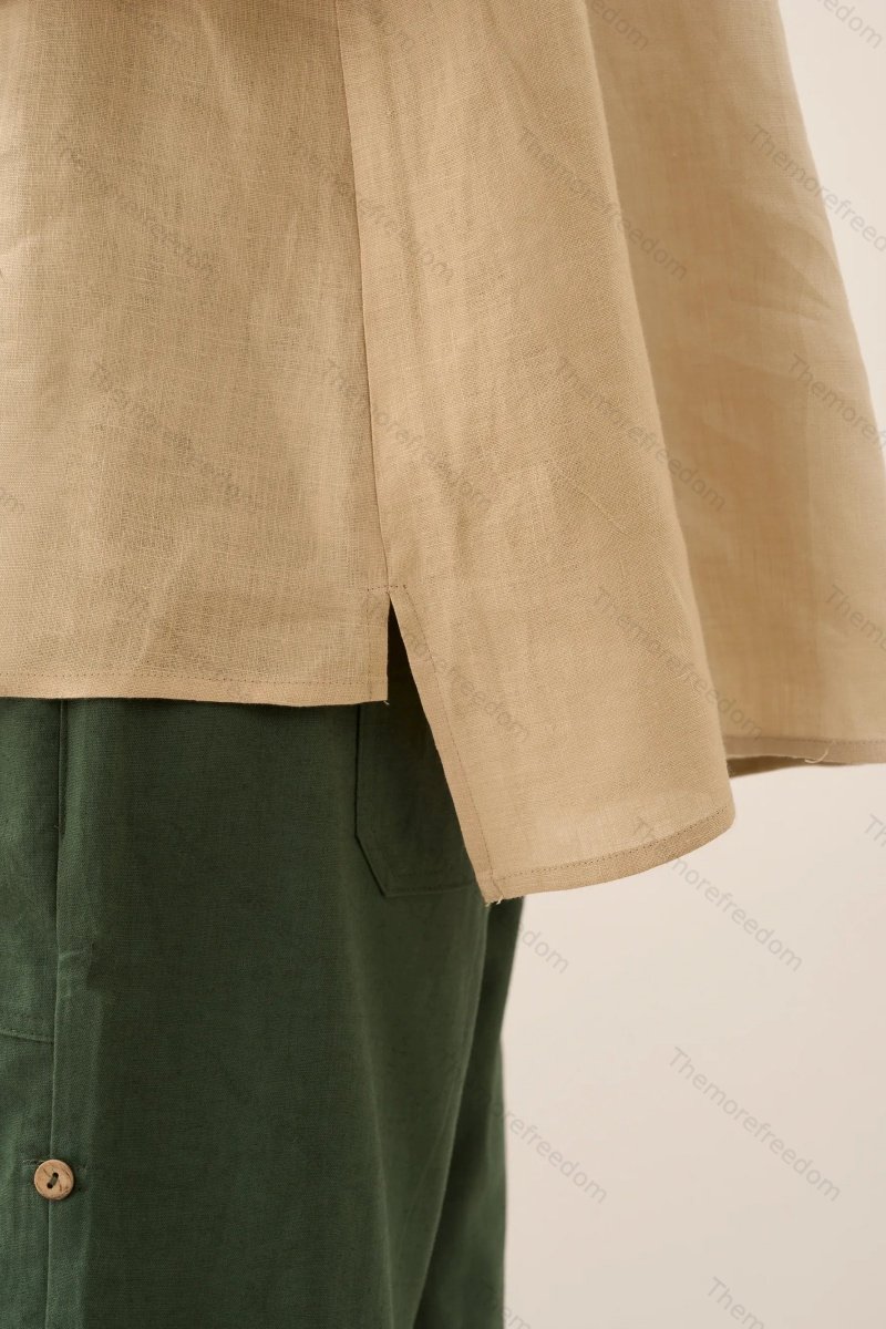 Women's comfortable and casual cotton and linen split-hem V-neck pullover shirt