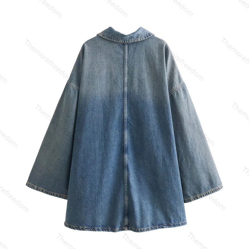 Women's denim dress with half-zip closure, lapel collar design, and vintage washed blue color