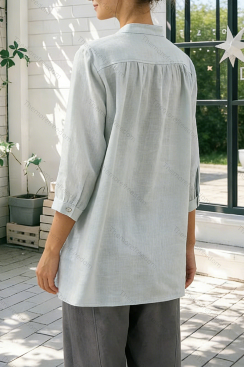 Women's comfortable and casual cotton and linen split-hem V-neck pullover shirt