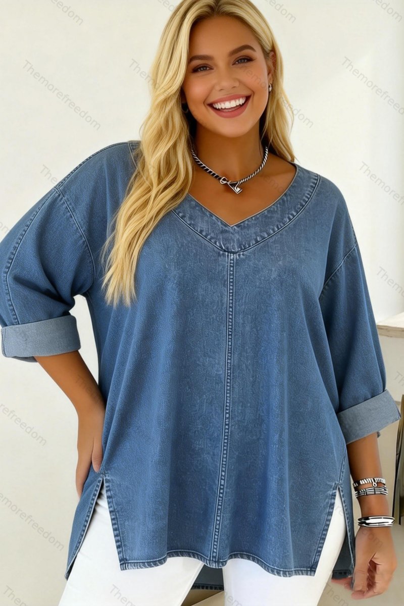 Women's street style denim comfortable casual V-neck top