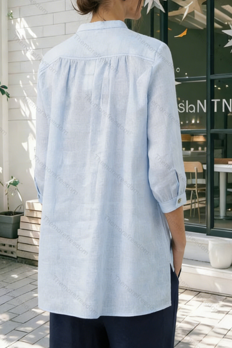 Women's comfortable and casual cotton and linen split-hem V-neck pullover shirt