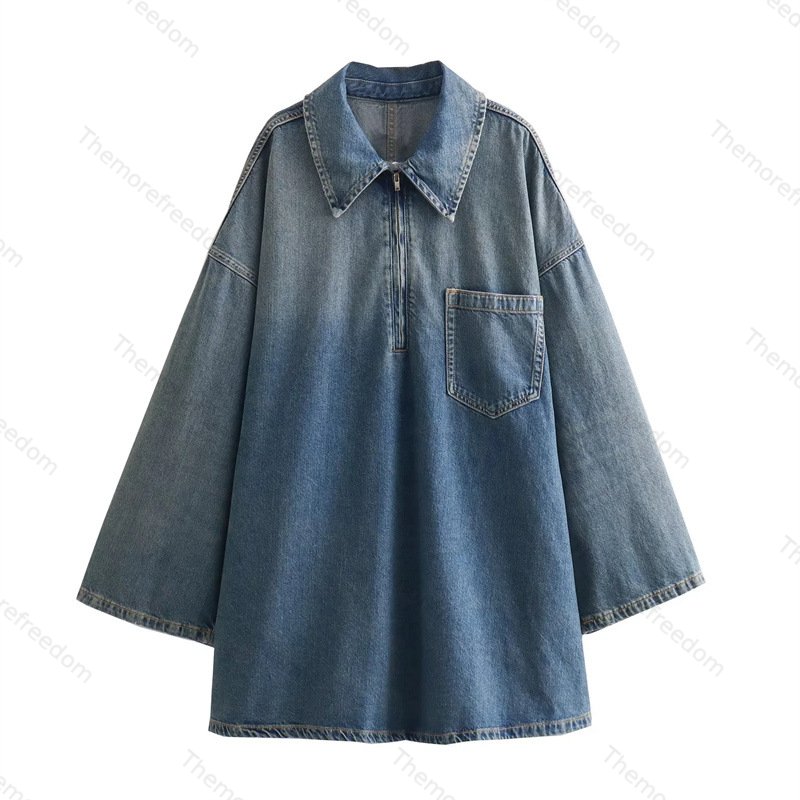 Women's denim dress with half-zip closure, lapel collar design, and vintage washed blue color