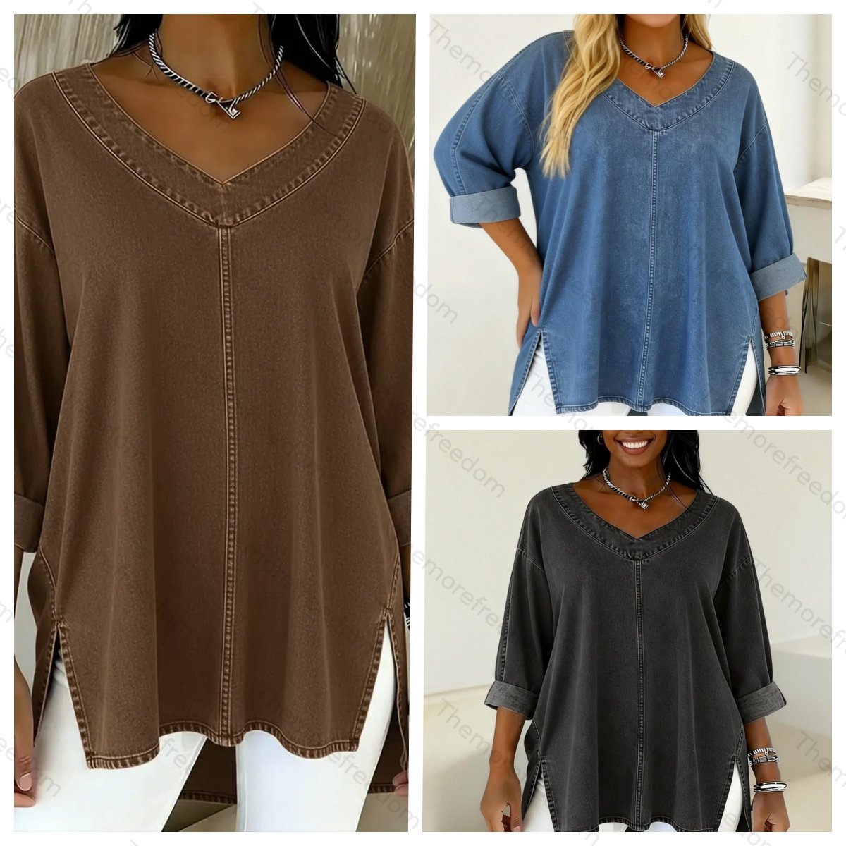 Women's street style denim comfortable casual V-neck top